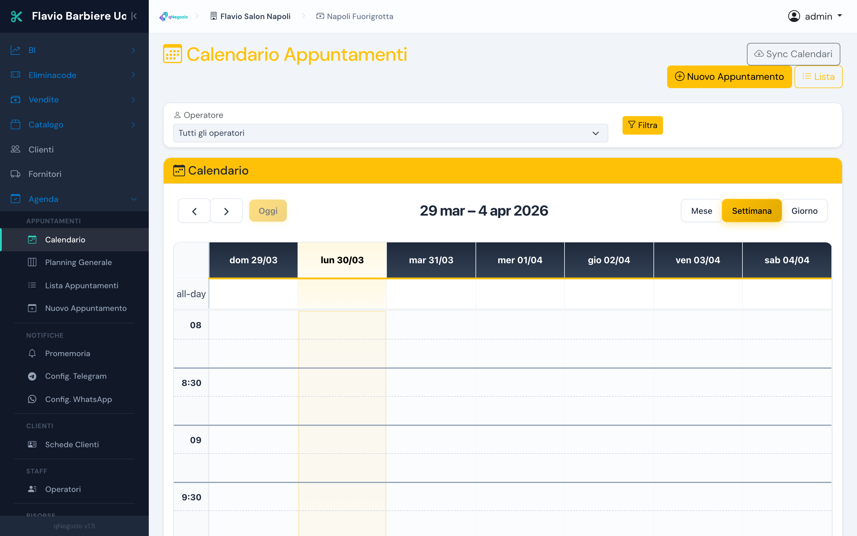 Calendario appuntamenti reale di qNegozio, con vista settimanale e gestione operatori
