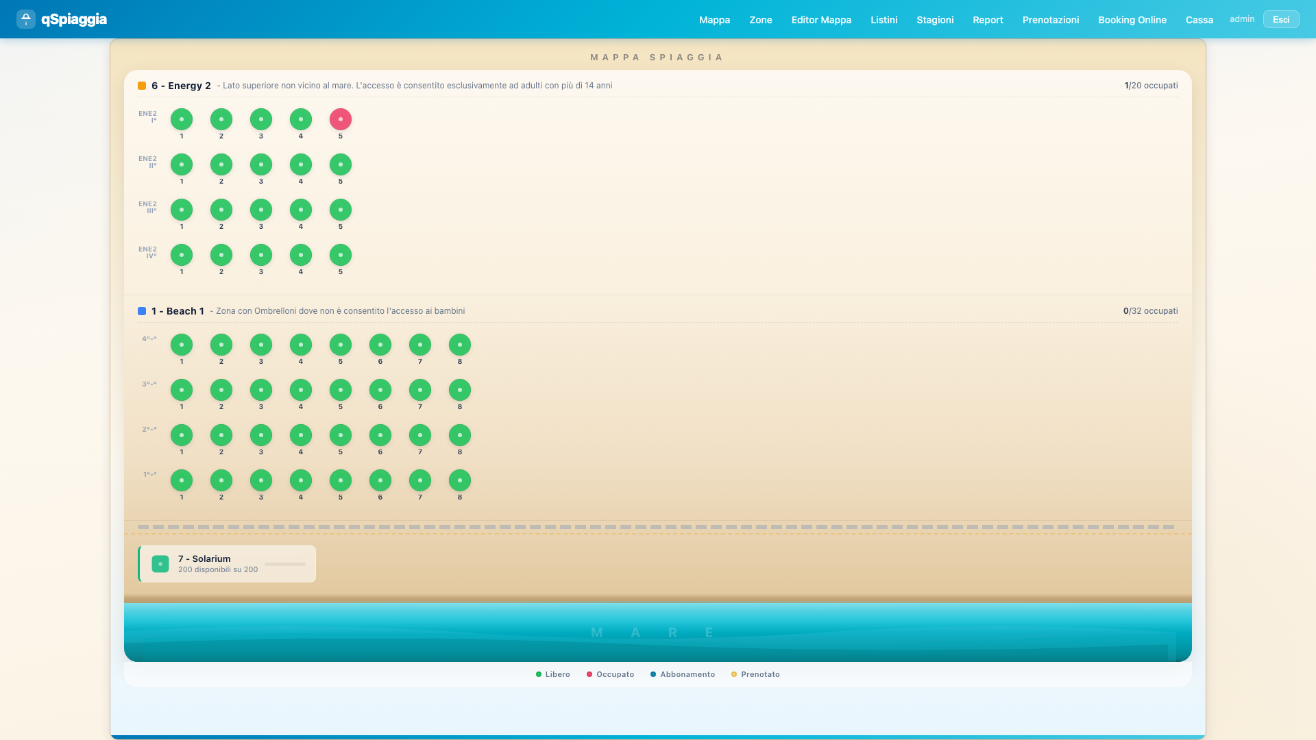 Mappa spiaggia interattiva con zone e disponibilita in tempo reale