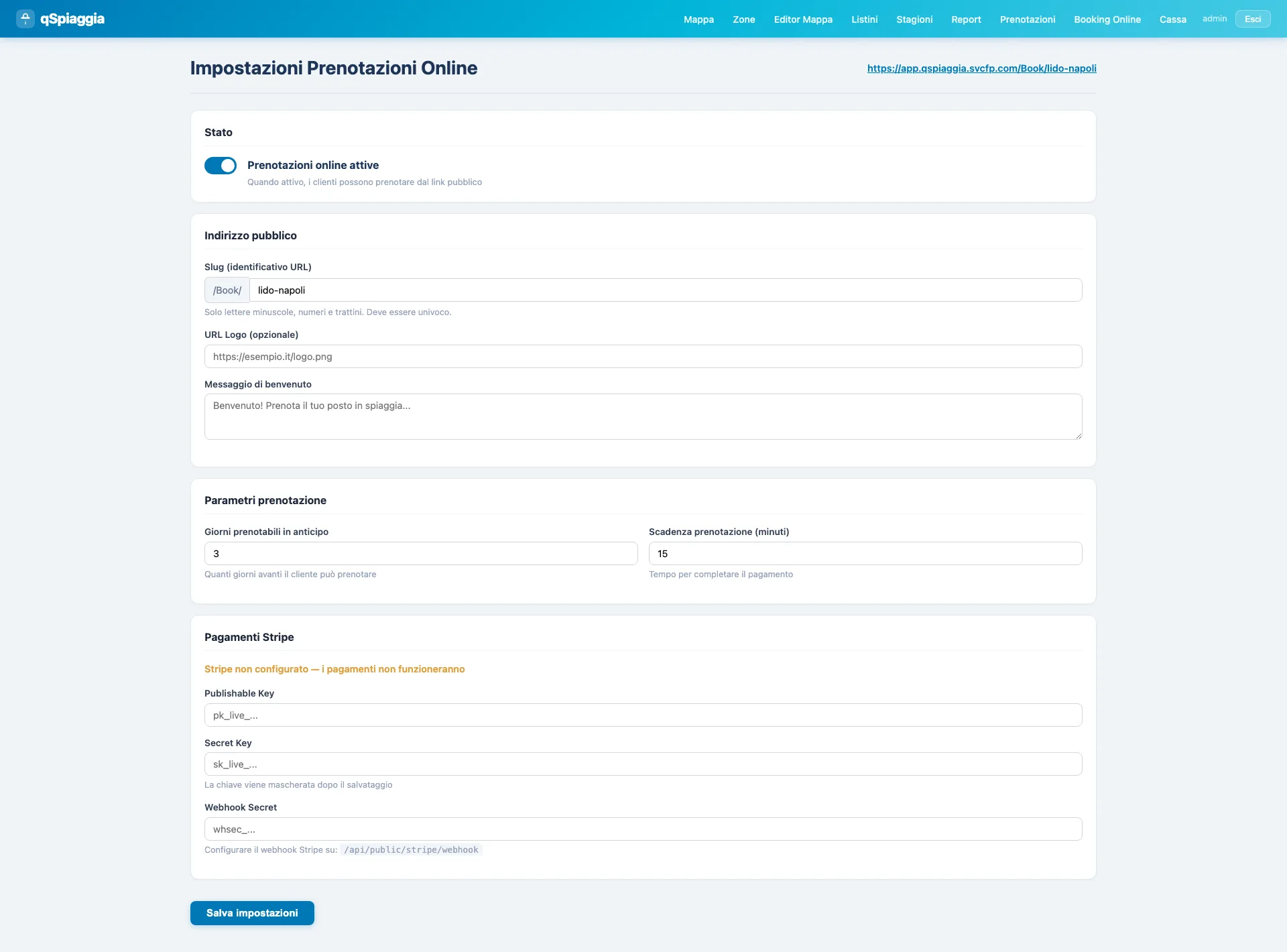 Impostazioni prenotazioni online